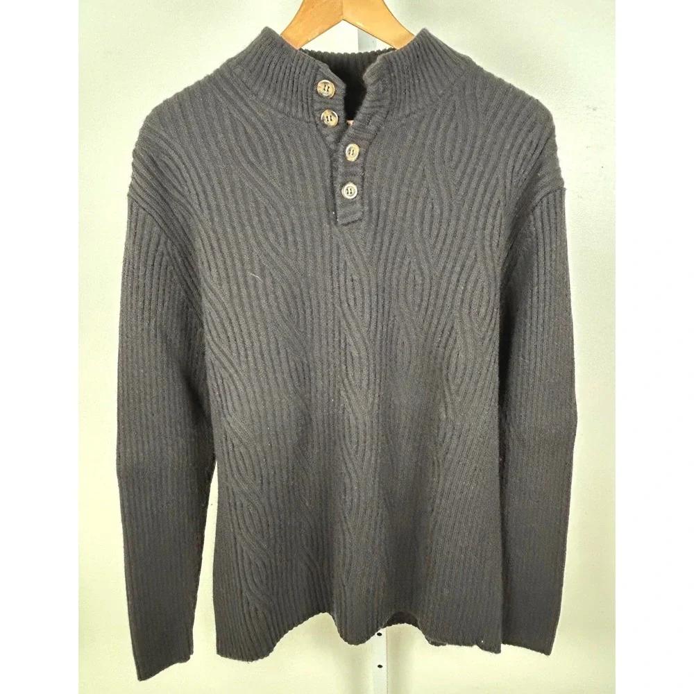 The Territory Ahead Sweater Gray Mens L Wool Henley Cable Knit Mock Neck EXC